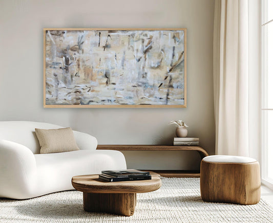 Beachy Abstract Blue Beige Stretched Canvas Wall Art, Modern Coastal Decor, Large Neutral Art Piece - Falon Brianne Art