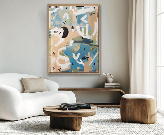 Blue Pink Whimsical Framed Canvas Wall Art, Abstract Painting Print - Large Minimalist Wall Art with a Modern Twist, Boho Decor