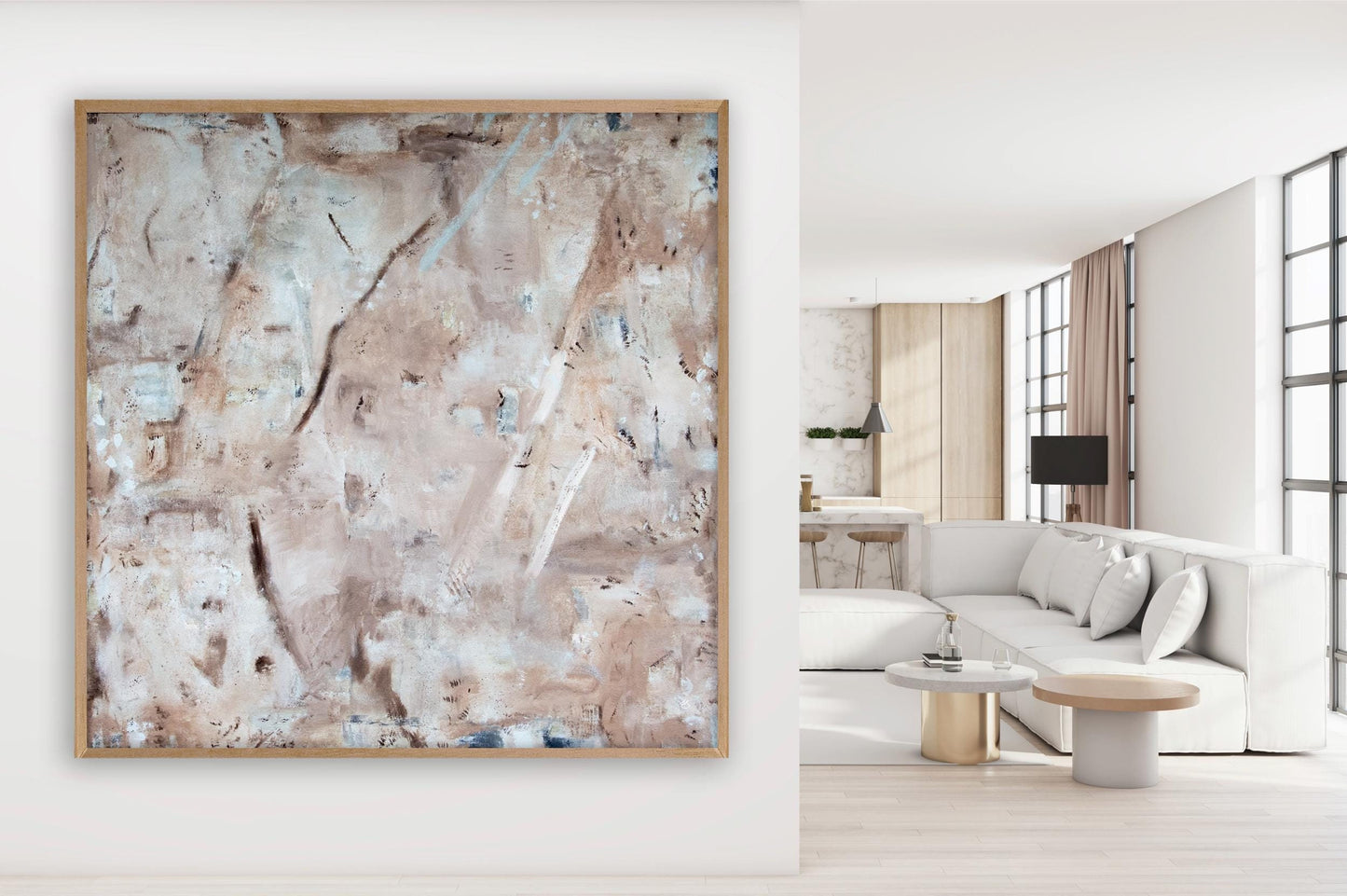 Square Marble Abstract Framed Canvas Print, Neutral colors large minimalist art, Modern textured pastel, Trendy aesthetic large wall art