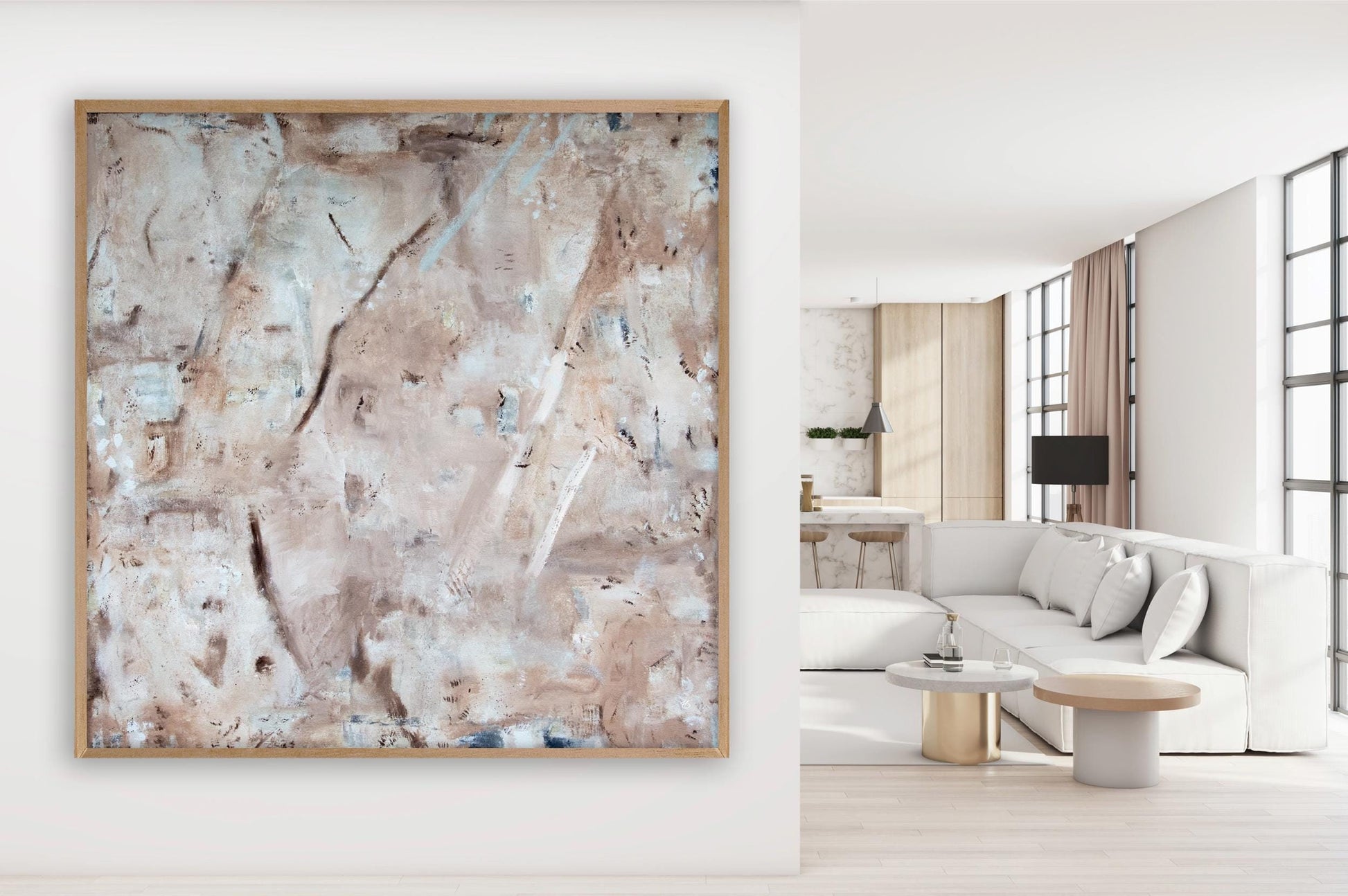 Square Marble Abstract Framed Canvas Print, Neutral colors large minimalist art, Modern textured pastel, Trendy aesthetic large wall art