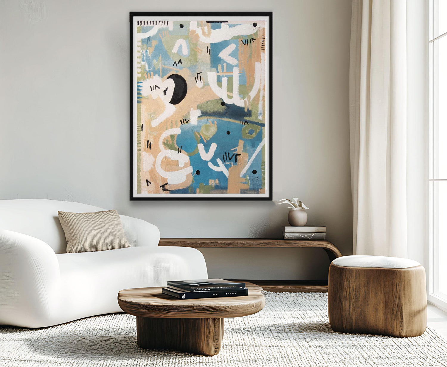 Blue and Pink Abstract Wall – Whimsical Framed Fine Art Print for Modern Home Decor