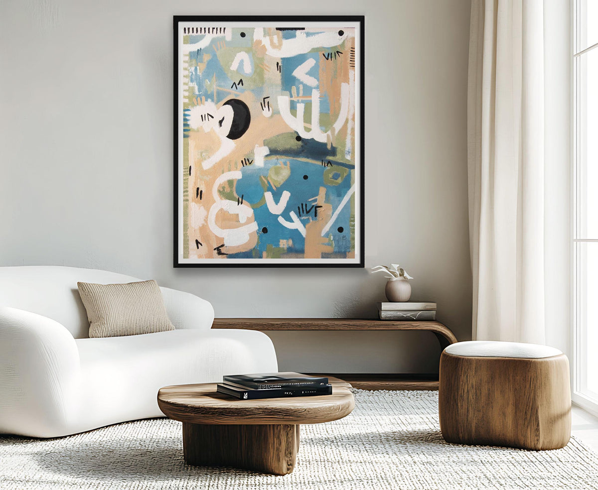 Blue and Pink Abstract Wall – Whimsical Framed Fine Art Print for Modern Home Decor