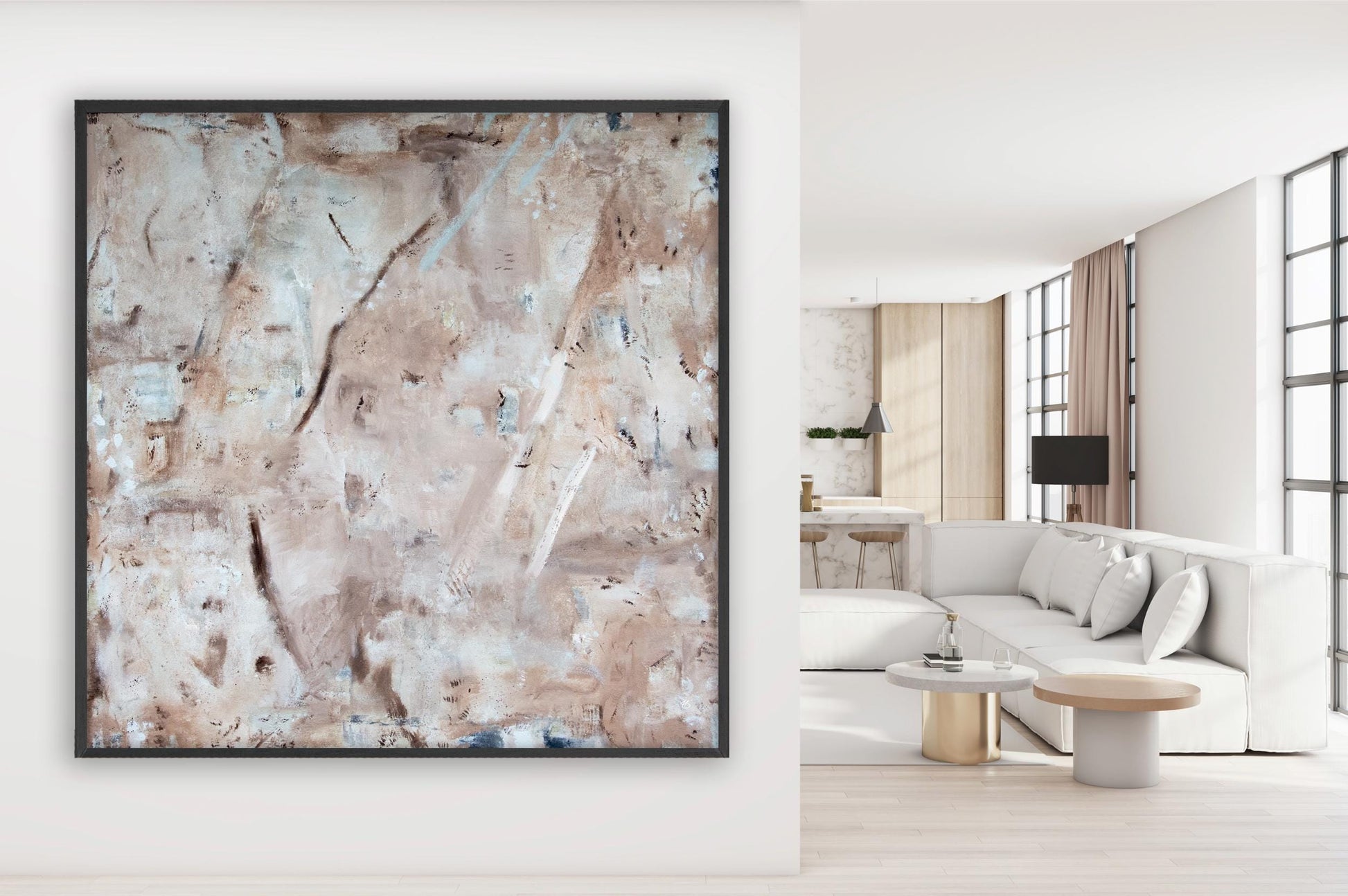 Square Marble Abstract Framed Canvas Print, Neutral colors large minimalist art, Modern textured pastel, Trendy aesthetic large wall art