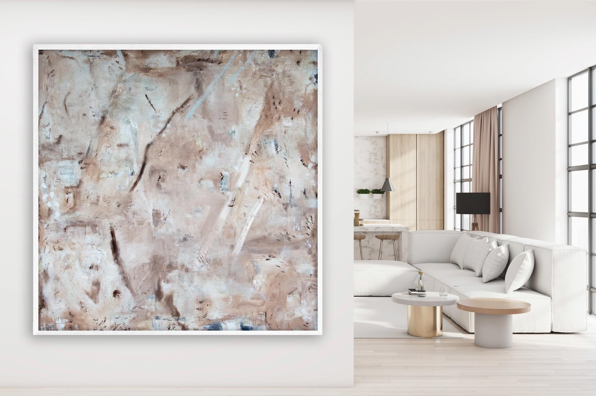 Square Marble Abstract Framed Canvas Print, Neutral colors large minimalist art, Modern textured pastel, Trendy aesthetic large wall art